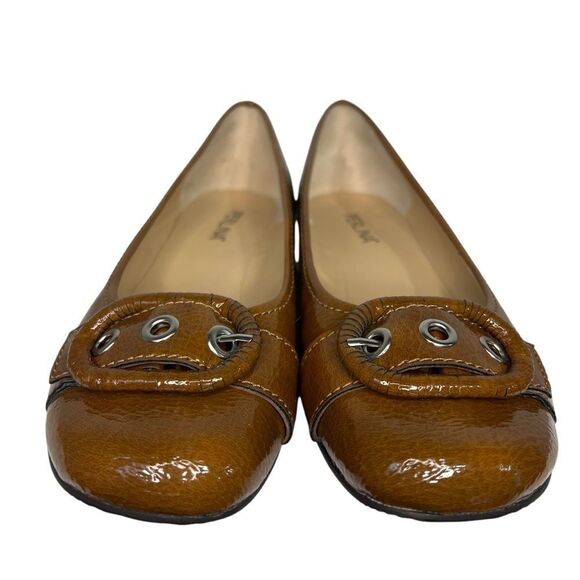 Perlina Kay Patent Leather Wedge Heel Shoes Womens 9M Brown Buckle Round Toe - Picture 3 of 6